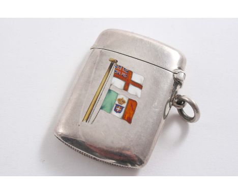 A LATE VICTORIAN VESTA CASE enamelled on the front in polychrome with two flags flying in unison on a pole *, the reverse ins
