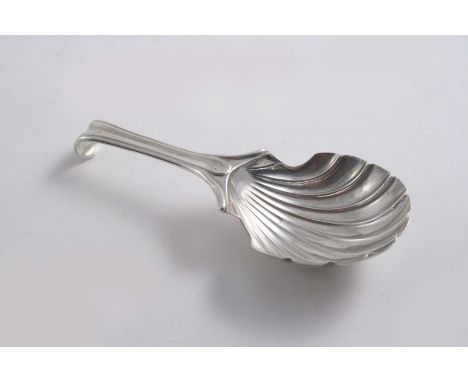 A GEORGE III CADDY SPOON with a scallop-shell bowl & a "hooked" terminal, by H. Tudor & T. Leader, Sheffield 1786;  3.25"  (8