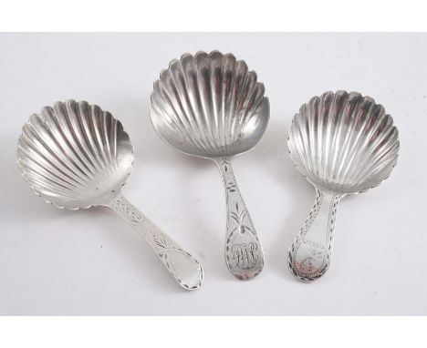 A GEORGE III CADDY SPOON with a fluted bowl & a bright-cut stem by Jason Holt (of Bristol), Exeter c.1780 and two other Exete