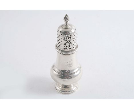 A GEORGE III SQUAT BALUSTER CASTER with a high-domed cover & wrythen knop finial, initialled under the base & crested, by And