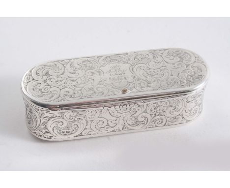A VICTORIAN SCOTTISH ENGRAVED SNUFF BOX with slightly concaved sides & rounded ends, the cartouche inscribed "J. Kerr from D.