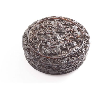A MID 19TH CENTURY CHINESE CARVED TORTOISESHELL SNUFF BOX & COVER circular with an initialled cartouche on the base, 1830-185