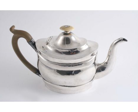 A RARE GEORGE III IRISH PROVINCIAL TEA POT oval with moulding & a domed cover with an ivory knop finial, by John Nicolson, Co