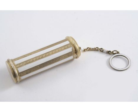 A CONTINENTAL SILVERGILT & WHITE-STRIPED ENAMEL MENAUDIERE with sprung hinged cover, oval tubular body & suspensory ring & ch