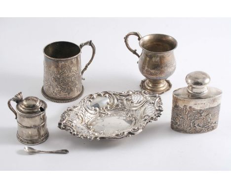 A MIXED LOT: A Victorian christening mug, initialled, an Edwardian oval tea caddy, a mug, a bonbon dish & a small mustard pot