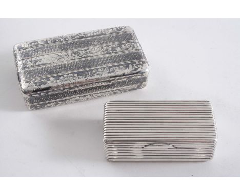 A LATE 19TH CENTURY RUSSIAN SNUFF BOX of reeded oblong form, gilt interior, Moscow 1891 and a mid 19th century Russian niello