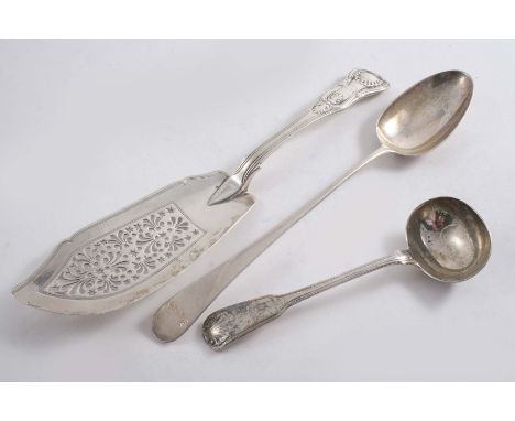 A WILLIAM IV KING'S PATTERN FISH SLICE crested, by William Eaton, London 1832, a Fiddle Thread & Shell pattern sauce ladle, c
