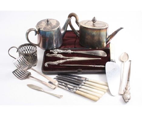 A MIXED LOT: Two mounted steel button hooks, a mounted steel shoe horn, a pair of mounted nickel glove stretchers, a leather 