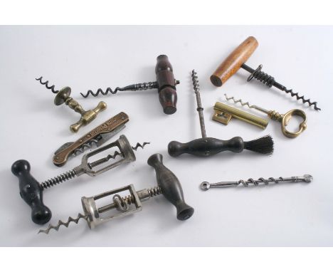 FIVE VARIOUS WOODEN HANDLED CORKSCREWS (with either steel or plated steel worms), a brass "key" corkscrew, a brass & steel co