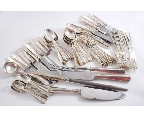 A CONTEMPORARY CANTEEN OF HANOVERIAN PATTERN FLATWARE & CUTLERY INCLUDING:- Twelve table forks, four table spoons, twelve sou