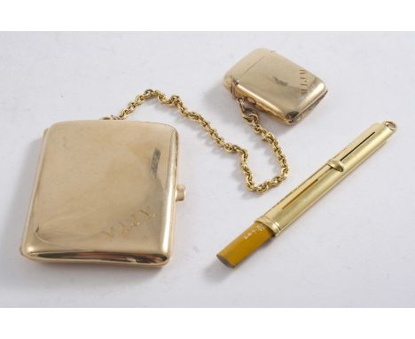 A MODERN 9 CT. GOLD VESTA CASE & MATCHING CIGARETTE CASE (linked by a chain), each initialled, by H. Woodward & Co., Birmingh