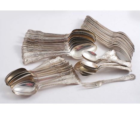 A COLLECTED PART SERVICE OF KING'S PATTERN FLATWARE INCLUDING:- nine table spoons, eleven table forks, eleven dessert spoons,