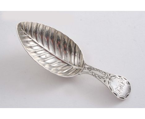 A SMALL COLLECTION OF EXETER-MADE CADDY SPOONS: A George III leaf bowl caddy spoon with a bright-cut stem, initialled "AWL", 