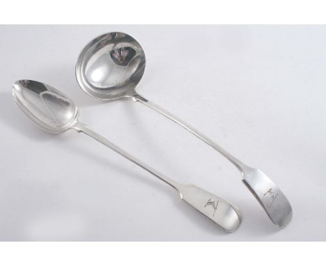 NORTHERN IRISH INTEREST: An Edwardian Fiddle pattern soup ladle & matching basting spoon, crested & each struck with a retail