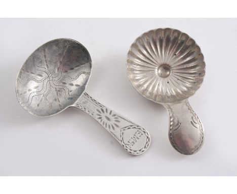 TWO GEORGE III EXETER-MADE CADDY SPOONS WITH ENGRAVING: one with a fluted bowl & the other initialled "EMcN", both by Richard