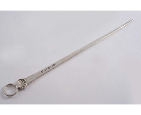 A GEORGE III MEAT SKEWER with a shell & ring terminal, crested, by Thomas Wallis, London 1768;  11.9"  (30 cms) long;  2.8 oz