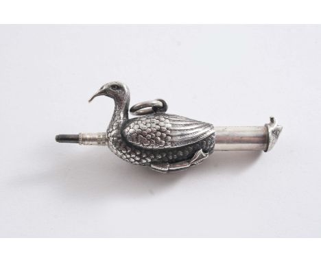 A LATE VICTORIAN NOVELTY TELESCOPIC PROPELLING PENCIL in the shape of a duck, with suspensory ring & registered design lozeng