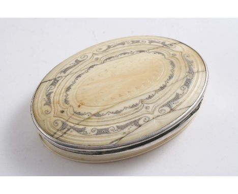 AN EARLY 18TH CENTURY MOUNTED IVORY SNUFF BOX oval with pique-work decoration & a "stand-away"' hinge, the cover interior pai