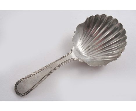 A GEORGE III FEATHER-EDGE CADDY SPOON with a shaped & fluted bowl, initialled "AW" on the back of the bowl, by Thomas Eustace