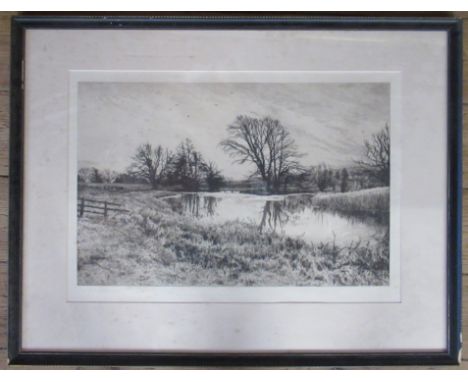 Fred Slocombe, black and white print, view across water with trees, 15ins x 21ins