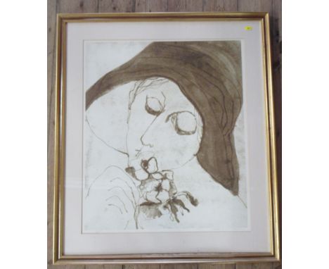 Barbara A Wood, sepia print, portrait of a girl smelling flowers, 28.5ins x 24ins