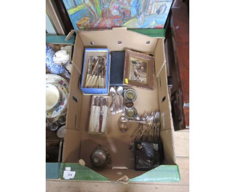 A box of sundries to include silver plate, cutlery , bell, egg timer, Victorian glass bell , over painted picture