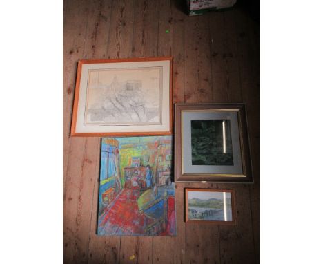An unframed oil on canvas, interior scene, together with a drawing , print and another picture