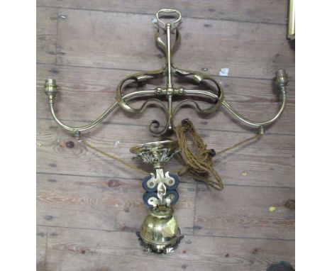 A brass Art Nouveau style rise and fall light fitting, together with various other light fittings, glass shades, curtain tie 