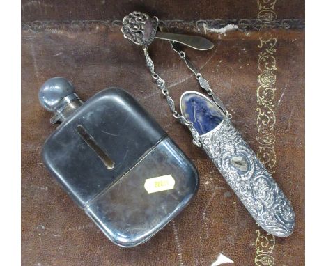 A large silver plated, glass and leather covered hip flask, together with a spectacle case