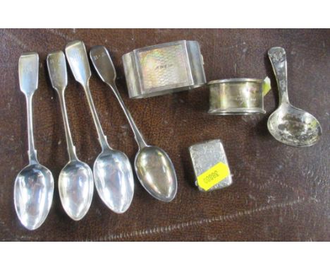 A collection of silver, to include tea spoons, caddy spoon, napkin rings and vesta case, weight 5oz