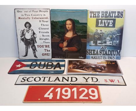 MODERN SCOTLAND YARD ENAMEL SIGN, TIN MEAN MACHINE, TIN BEATLE SIGN ETC. (7)