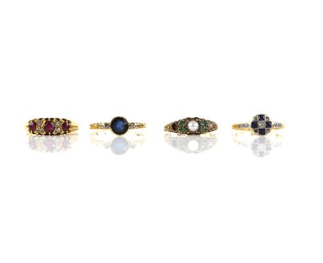 Four antique rings, including, an emerald and pearl ring in tested 15 ct gold, size I, a sapphire and diamond ring, size L, r