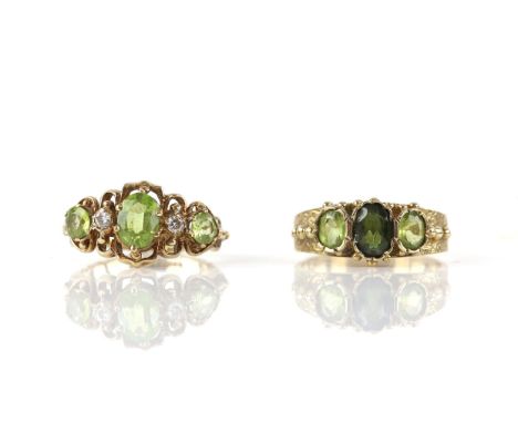 Two rings, including, a peridot and diamond ring, with three oval cut peridots and two round brilliant cut diamonds, in 9 ct 