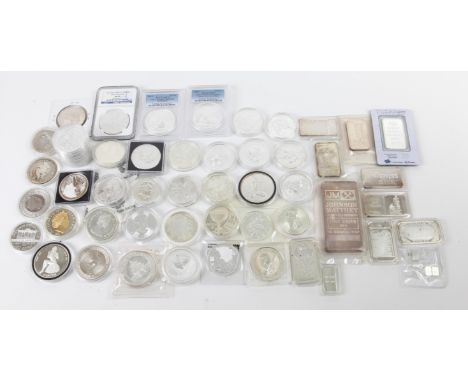 A collection of 35 1-ounce silver coins which include an Austrian philharmonic, three Chinese pandas, 10 Canadian maple leaf 