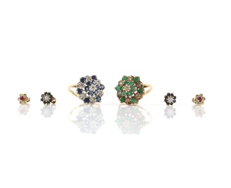 Selection of jewellery including a sapphire and diamond tiered cluster ring, size I, an emerald and diamond tiered cluster ri