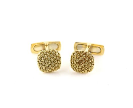 Vintage pair of gold cufflinks with a woven design, head dimensions 1.3 X 1.3 cm, with whale back fittings, in stamped 18 ct 