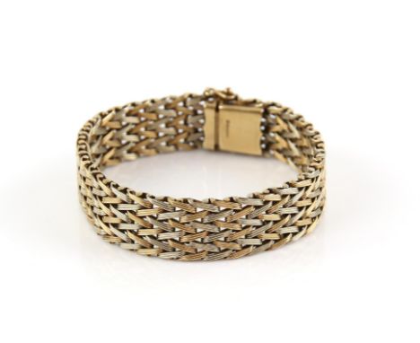 Vintage two tone gold bracelet, with woven links, a tongue and clip clasp and safety figure of eight catch, in 9 ct rose and 