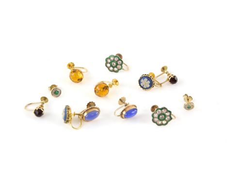 Six pairs of earrings, including emerald and diamond studs, green enamel and old cut white sapphire earrings, blue chalcedony