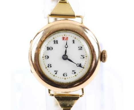 A Ladies gold wristwatch, the unsigned white enamel dial with Arabic numeral hour markers and Breguet blued steel hands, fitt