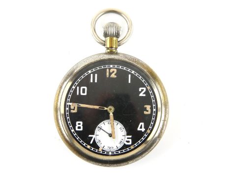A General service trade pattern open face military pocket watch, the unsigned black enamel dial with Arabic numeral hour mark
