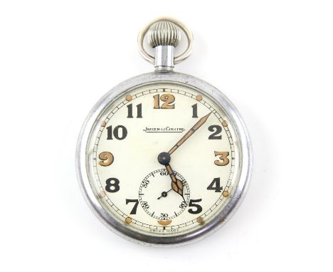 Jaeger Le Coultre open face pocket watch, the signed white enamel dial with Arabic numeral hour marker, within a railway minu