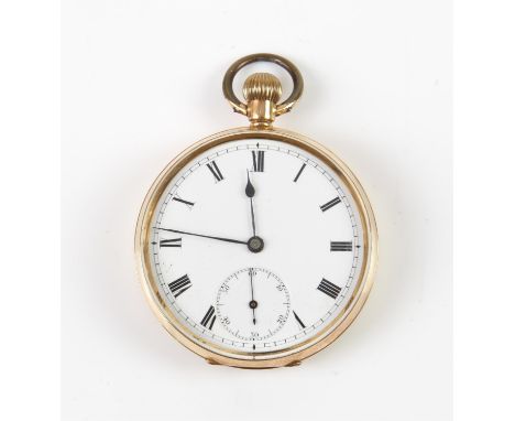 Open faced pocket watch, enamel dial with Roman numerals and subsidiary dial, mechanical movement, in a gold case stamped 14 