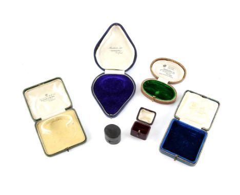 A collection of empty jewellery boxes, including antique ring boxes, brooch, bracelet, cufflinks and pocket watch boxes, with