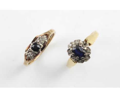 Two sapphire and diamond rings, including a a vintage cluster ring, mounted in 18 ct yellow gold and a sapphire and diamond t