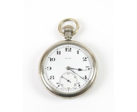 Rolex, An open face pocket watch, the signed white enamel dial, with Arabic numeral hour markers within a railway minute trac