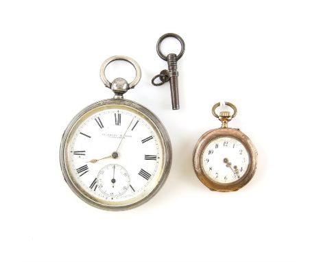Salsbury & Sons Guildford, open faced pocket watch, white enamel dial with Roman numerals, minute track and subsidiary dial, 
