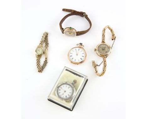 Three watches and two pocket watches, including, pocket watch, with white dial, and enamel case back, in 14 ct gold, with a b