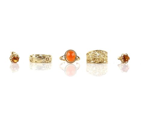 Italian Milor floral band, size L, with an ornate filigree ring, size M, a oval cabochon carnelian ring in a rub over setting