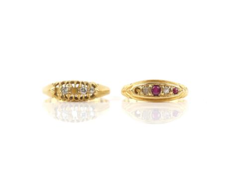 Two antique rings, including a five stone ruby and diamond ring, size M, and a five stone old cut diamond ring, size N 1/2, b