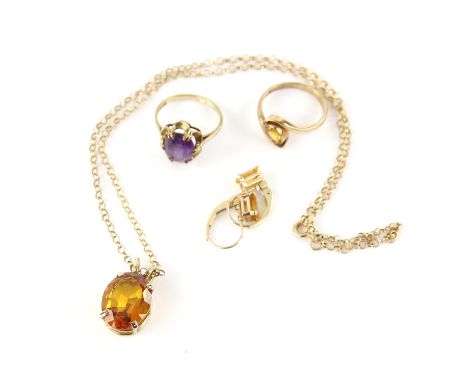 Selection of jewellery, including a citrine pendant on a belcher link chain, 40 cm in length, with a citrine ring, size J, a 